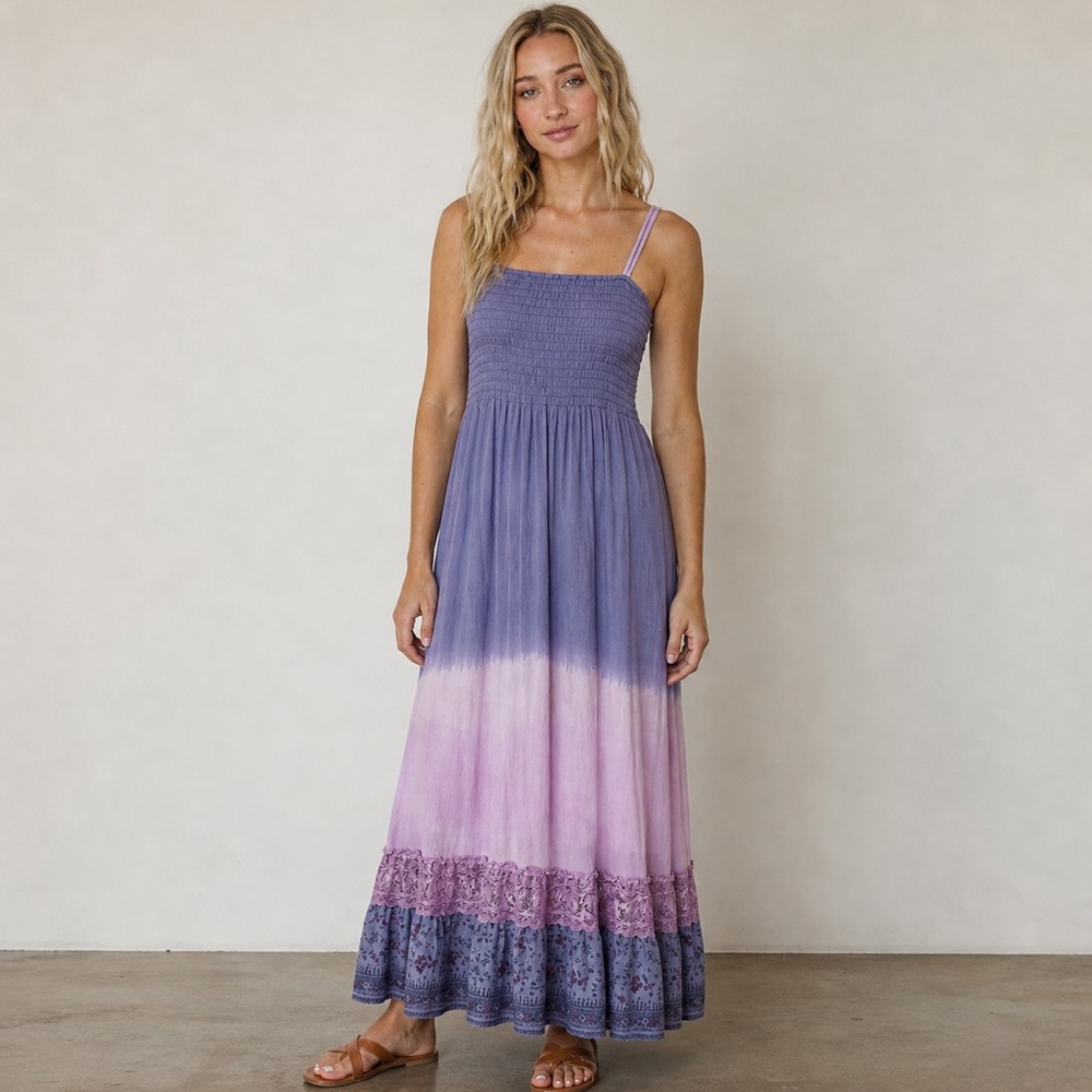 Free People 100% Silk Ombre Boho Maxi Dress Purple Pink Lace Trim Y2K Small